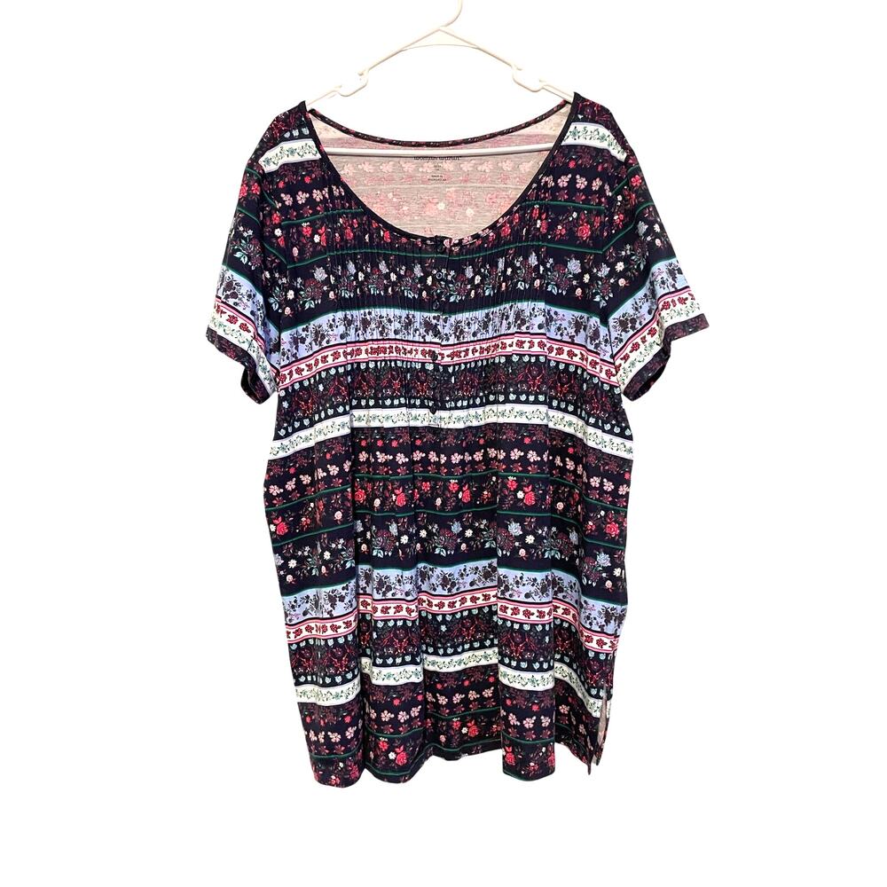 Woman Within Short Sleeve Pintucked Henley Tunic Top Blue Patchwork Stripe 22/24